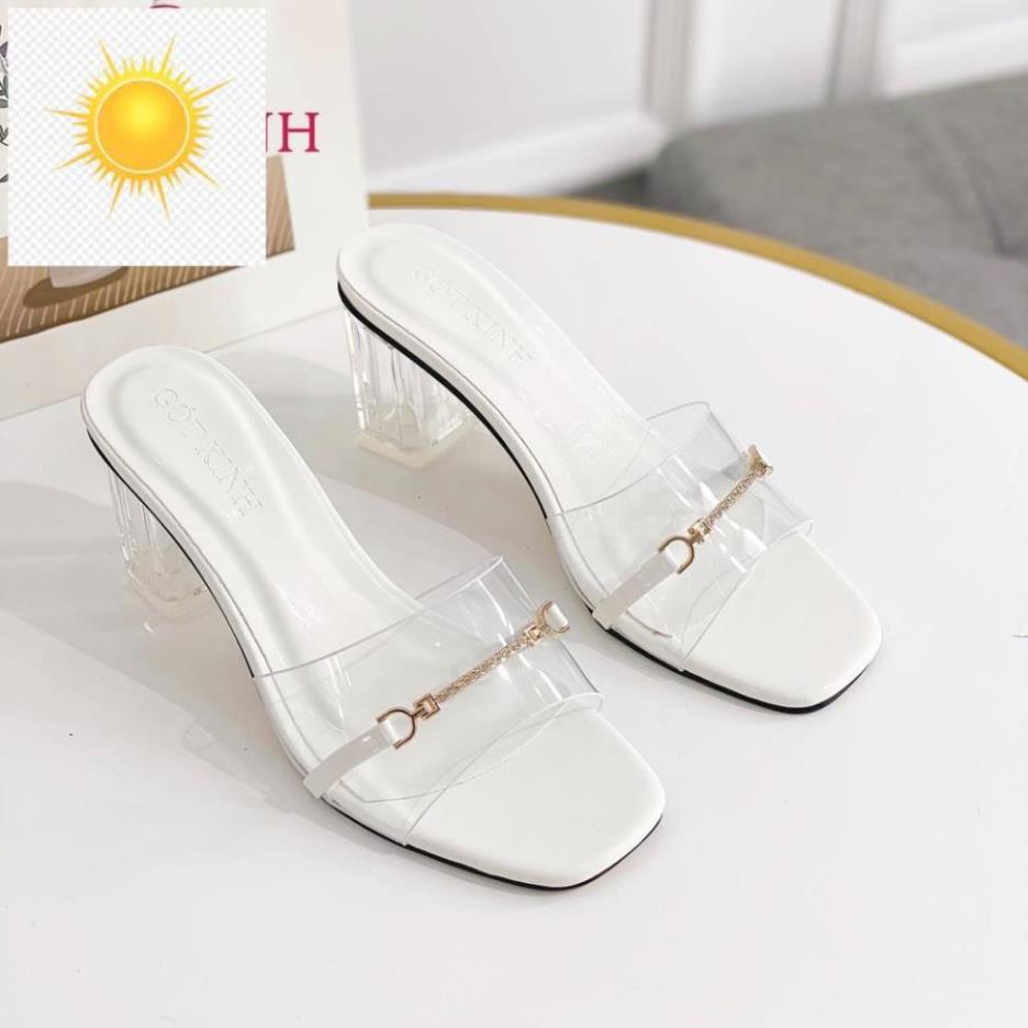 ️🎽 Dép cao gót nữ GÓT XINH D3 mũi vuông quai ngang chất mika đính đá đế cao 5cm ️🎽