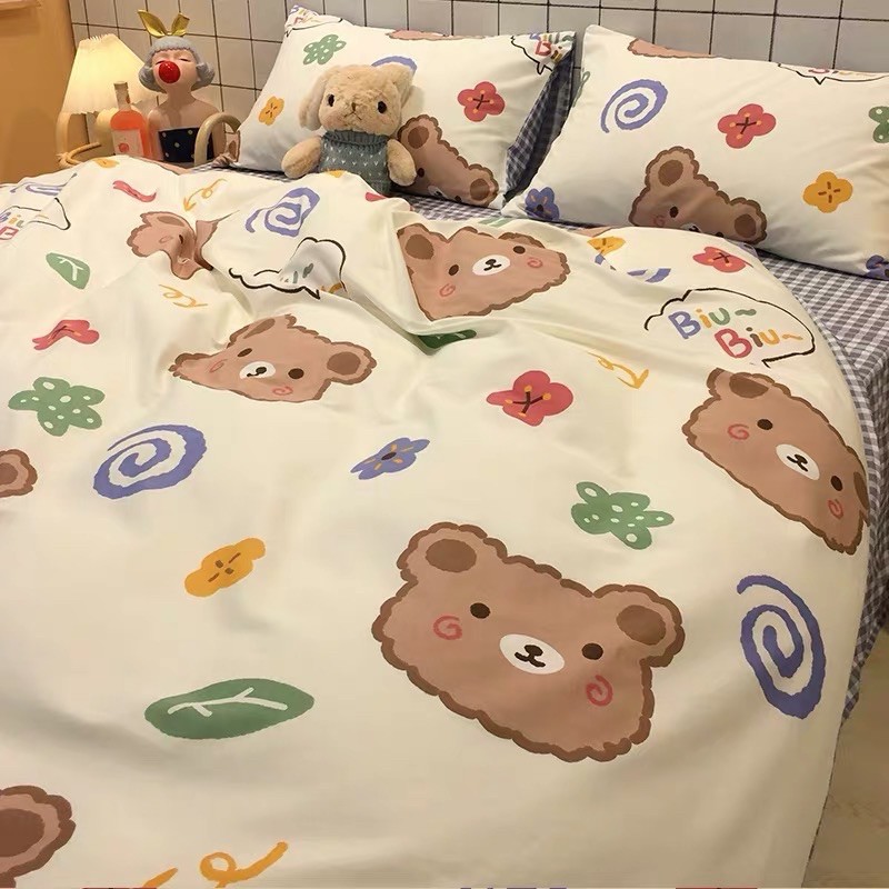 Bộ chăn ga gối Cotton Poly gấu biu biu - Bộ Chăn Ga Gối 5 Món Cao Cấp