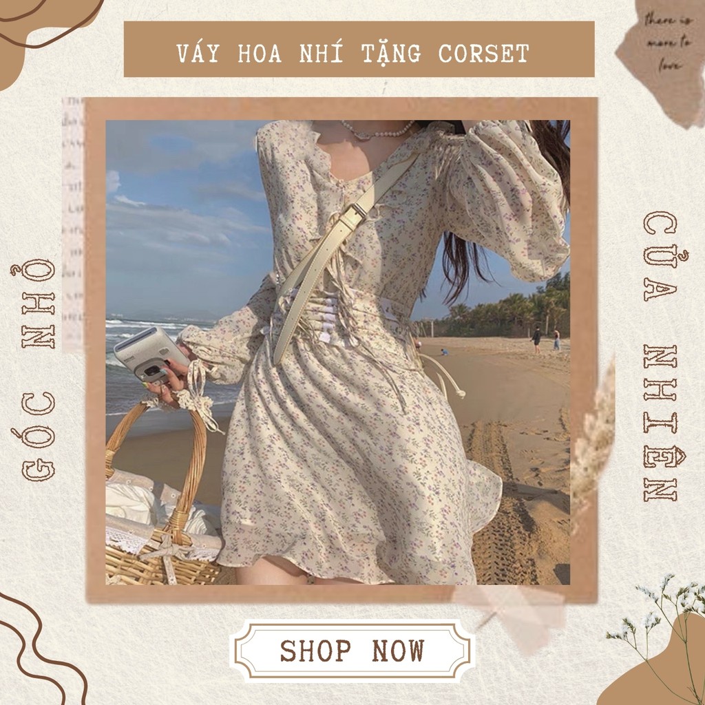 Váy Hoa Nhí Vintage Dáng Ngắn Dài Tay Phối Corset (ẢNH THẬT+VIDEO)