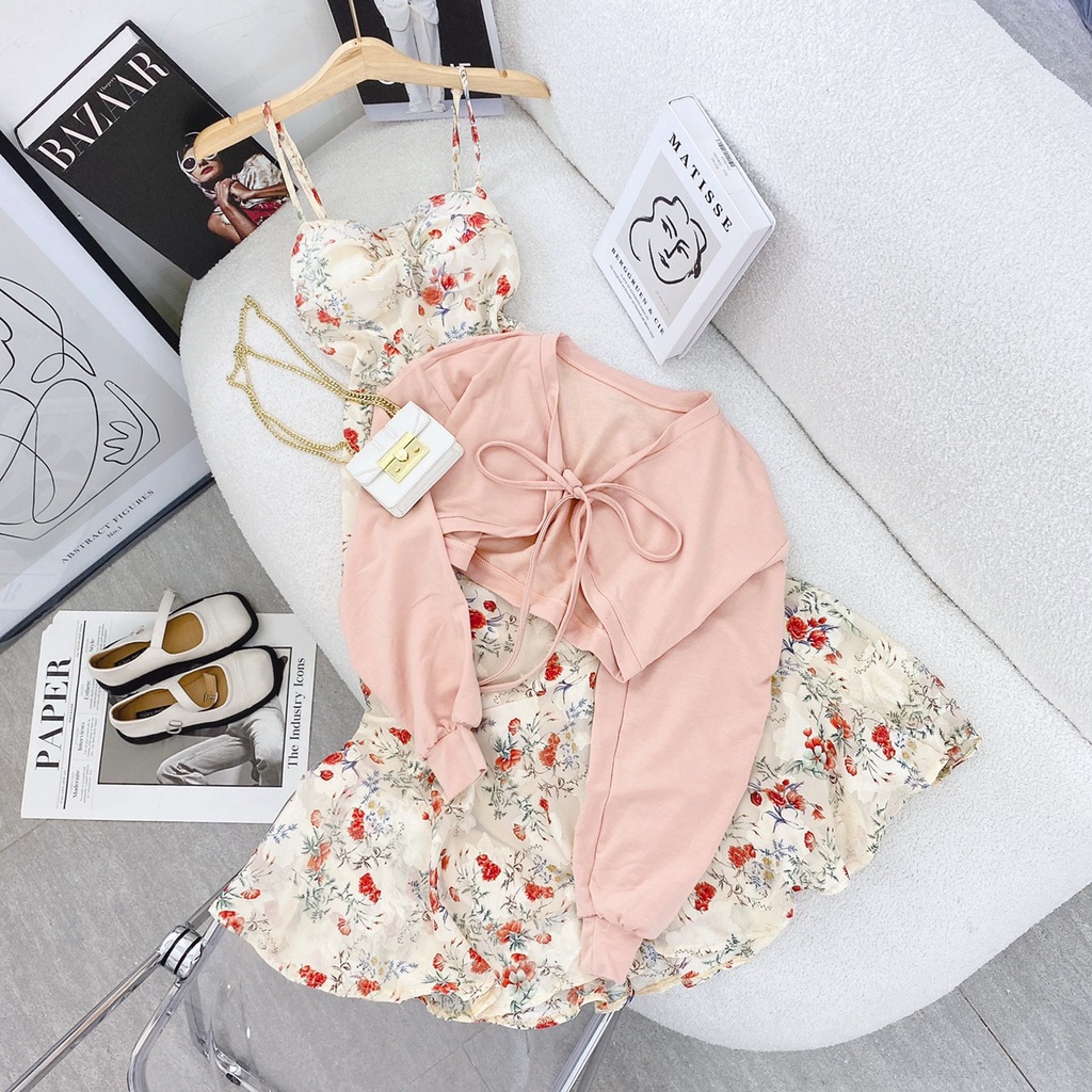 SẴN Set đầm hoa 2dây kèm áo khoác hồng đi biển đi dạo phố nữ tính 💖 kèm ảnh thật 💖 bao kiểm ❌