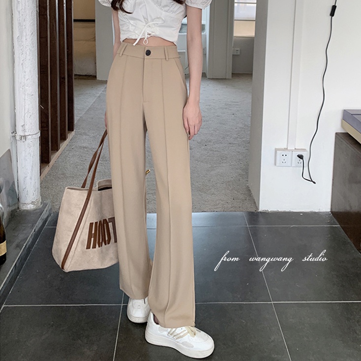 SUXI Quần Dài Ống Rộng Lưng Cao Màu Sắc Đơn Giản Hợp Thời Trang Cho Nữ