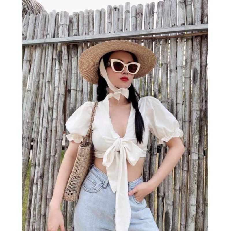Mũ cói tự nhiên đầu bẹt dây buộc trắng sang chảnh