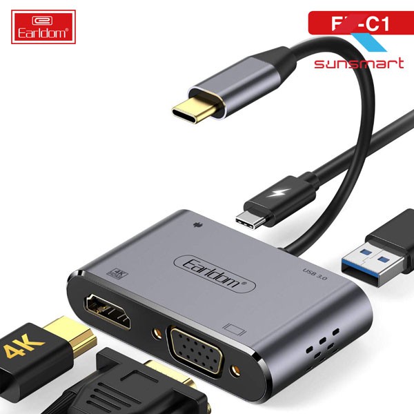 Bộ Chuyển Đổi Cổng Type C sang HDMI 4k + VGA + USB 3.0 cho Smartphone, Laptop