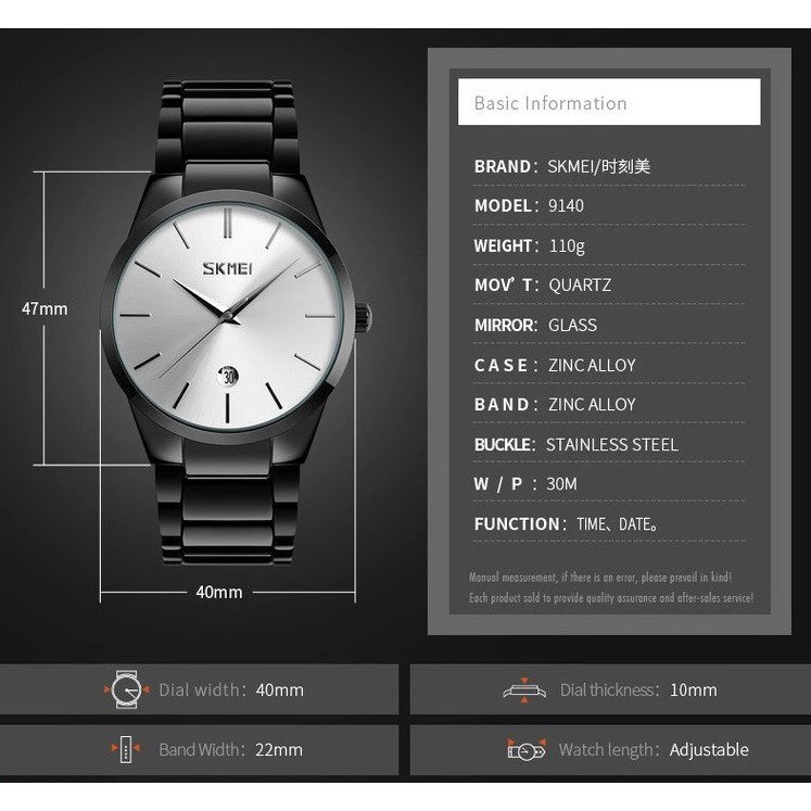 Đồng hồ nam SKMEI 9140 mặt tròn 40mm dây thép đen không ghỉ cao cấp có lịch ngày kính chống xước chống nước tuyệt đối