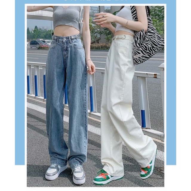 Quần bò ống rộng 2 cạp cúc hot trend