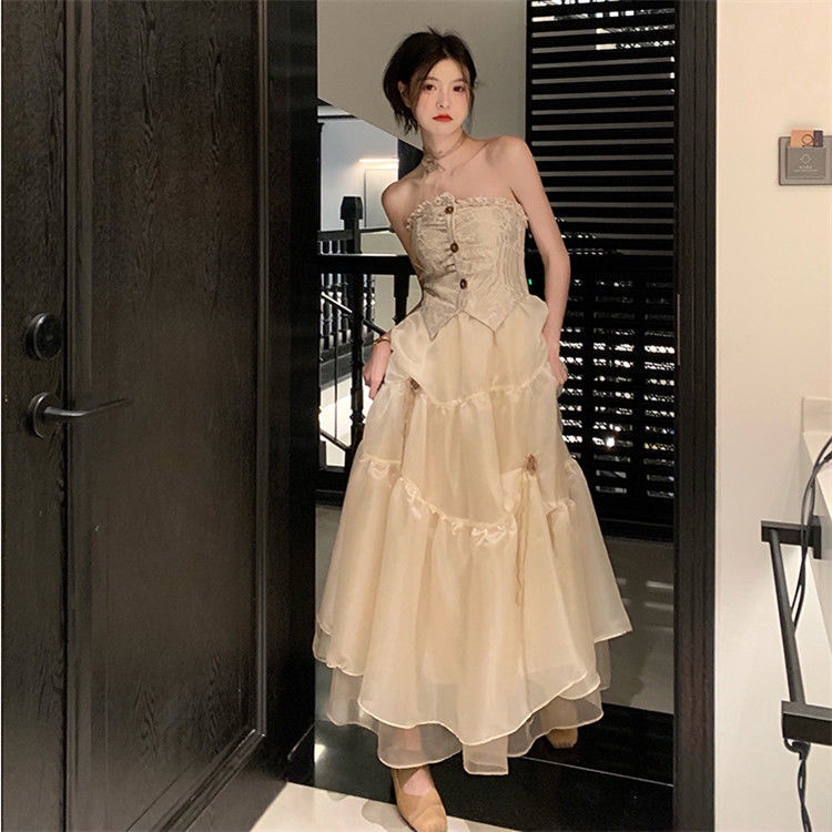 Bộ Đầm Lưới Dài Đến Gối Phong Cách Pháp Cổ Điển Cao Cấp