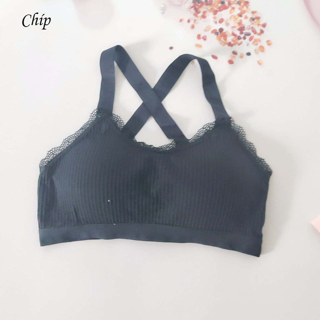 Áo Bra Cotton Tăm Viền Ren Kiểu Dáng Thể Thao 2 Dây Đan Chéo Ôm Sát Cơ Thể Tôn Lên Đường Cong Quyến Rũ - CA1780