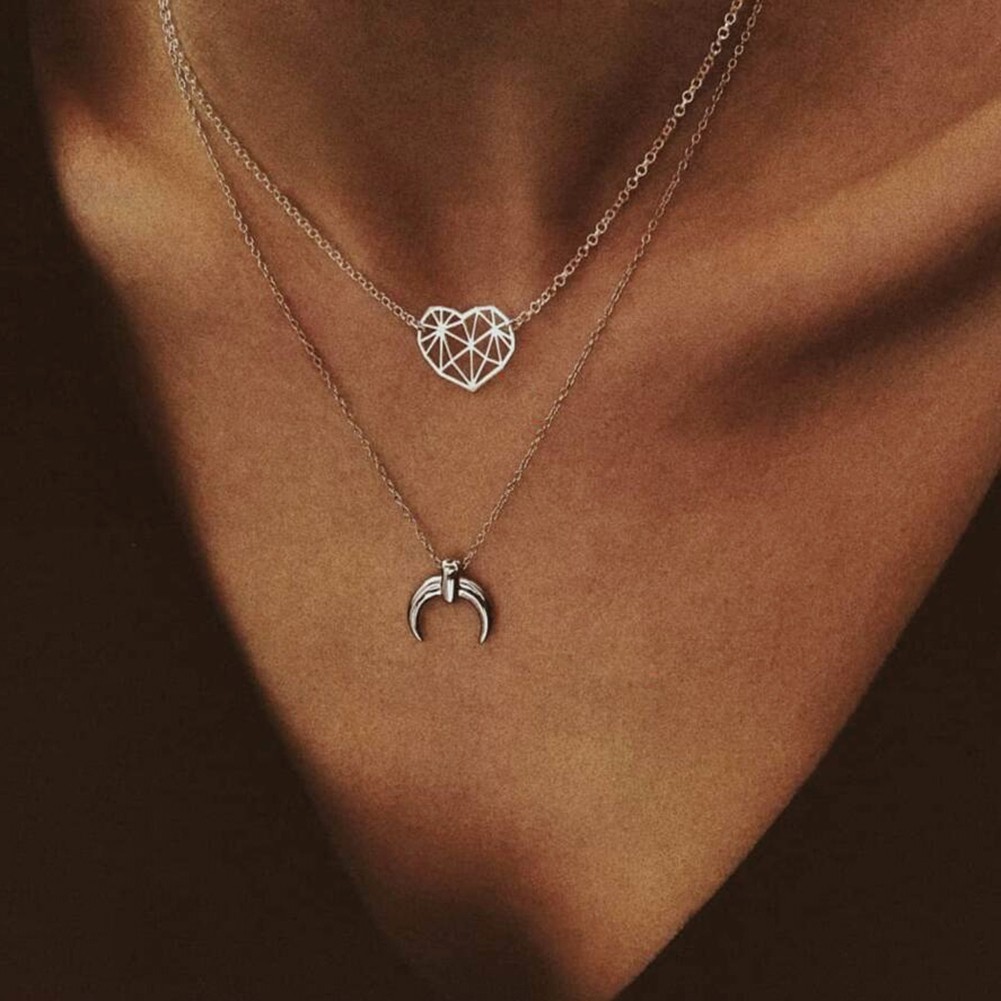 Dây Chuyền Hai Lớp Mặt Hình Trái Tim Và Mặt Trăng Phong Cách Boho
