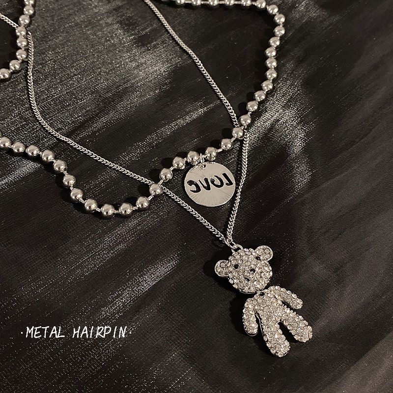 Vòng cổ Thép Titan Hai Lớp Mặt Hình Gấu Đính Đá Toàn Diện Phong Cách Hip hop Cho Nam Nữ