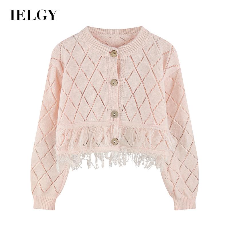 IELGY    Áo Khoác cardigan Dệt Kim Tay Dài Phối Tua Rua Thời Trang Cho Nữ