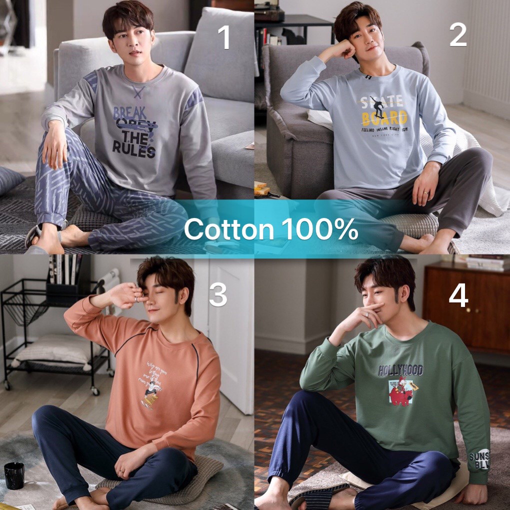 Bộ ngủ dài tay nam Chất vải Cotton 100% đồ ngủ nam mặc ở nhà được 4 mùa style Hàn Quốc trẻ trung & thoải mái Đẹp