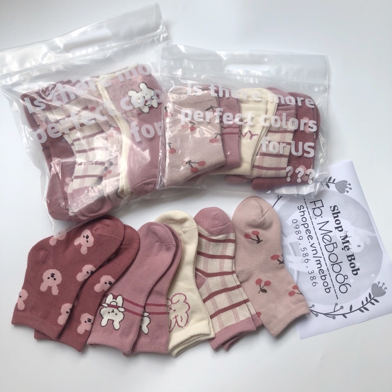 Set 5 Đôi Tất Cotton Cho Bé gái (1-12 Tuổi) Hoạ Tiết Thỏ Hồng Đáng Yêu