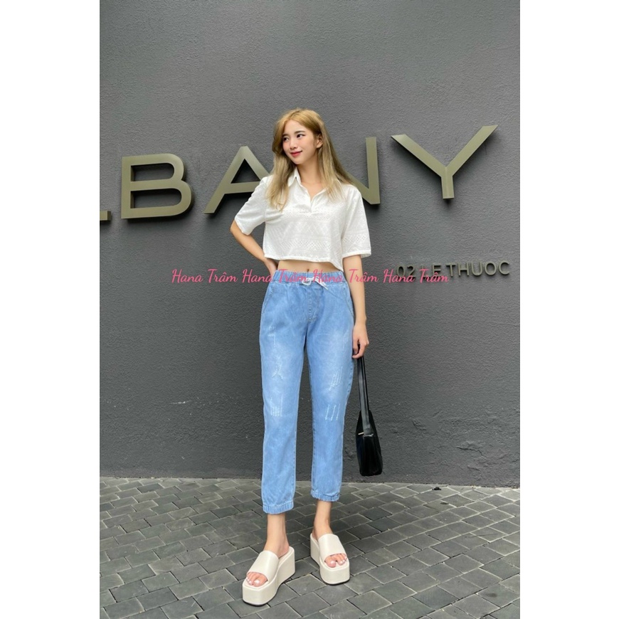Quần baggy jean nữ lưng thun mẫu cào xước lai bo chun