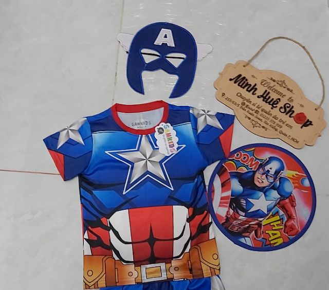 Bộ quần áo thời trang trẻ em đội trưởng Mỹ Captain America kèm tặng khiên và mặt nạ - Hàng SamKids