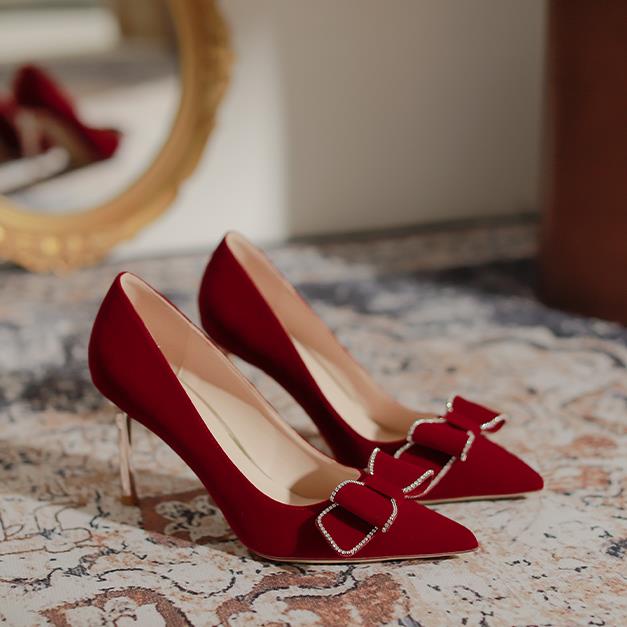 Giày Cao Gót Đính Nơ Đỏ Thời Trang Pháp Cho Cô Dâu 2022 Mới