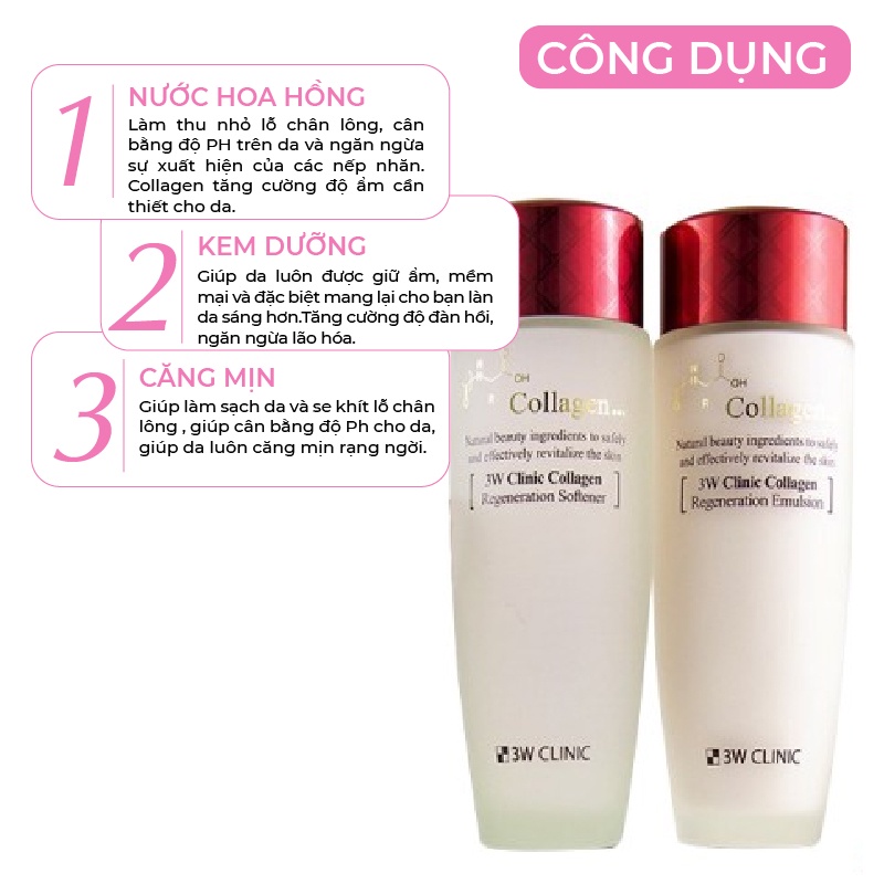 Bộ dưỡng da săn chắc làm trắng dưỡng ẩm chống lão hóa da chiết xuất từ Collagen 3W CLINIC Hàn Quốc [Nước Hoa Hồng+Sữa]