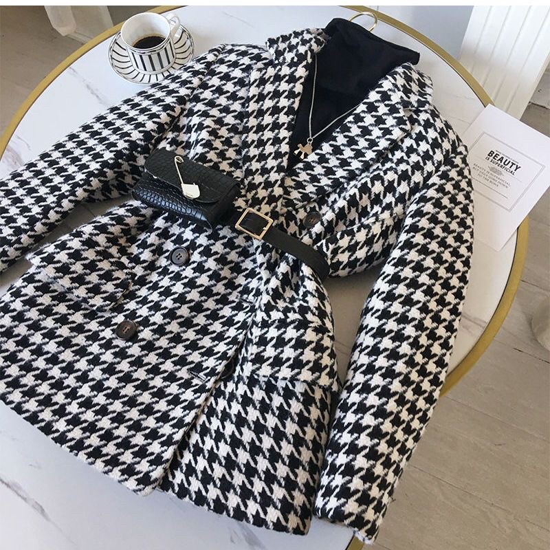 Áo khoác dạ Tweed kẻ đai lưng đen (Oder )