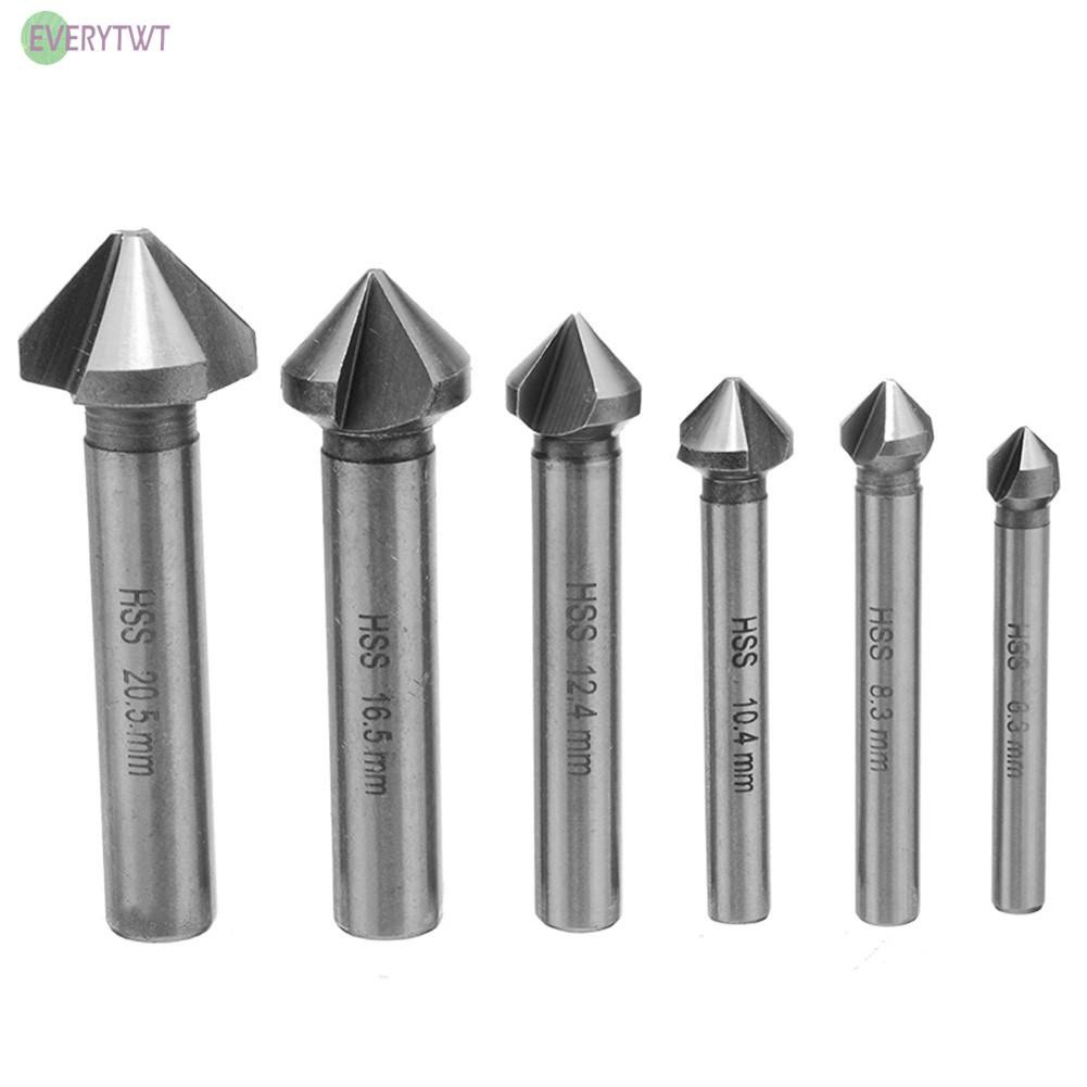 6Pcs 3 Flute Round shank 90 Degree HSS Countersink Deburring Tapered Drill Bits