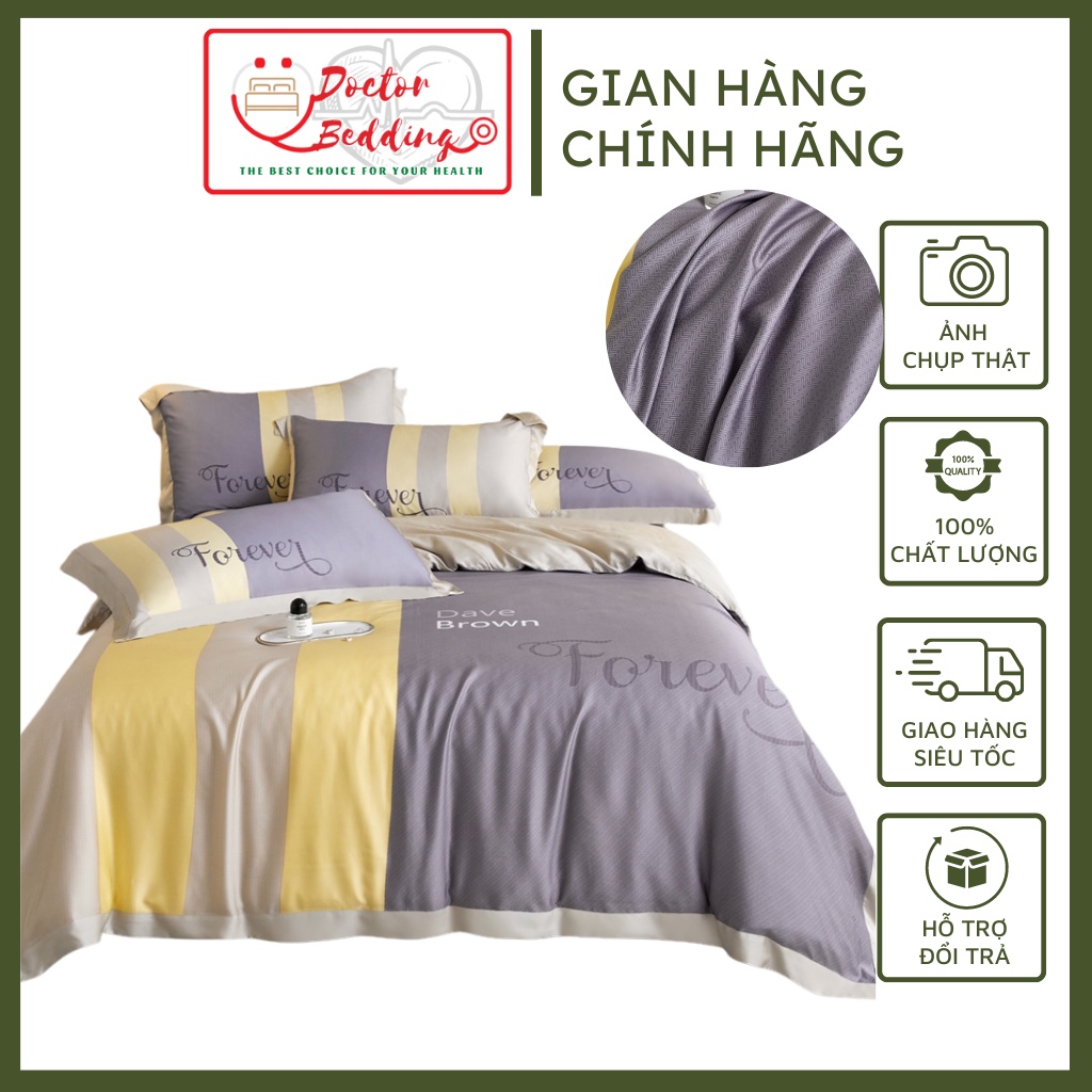 Bộ chăn ga gối cao cấp 100%Tencel 100s, Họa tiết khối kẻ Forever Love trẻ trung, thời thượng, Set 4 