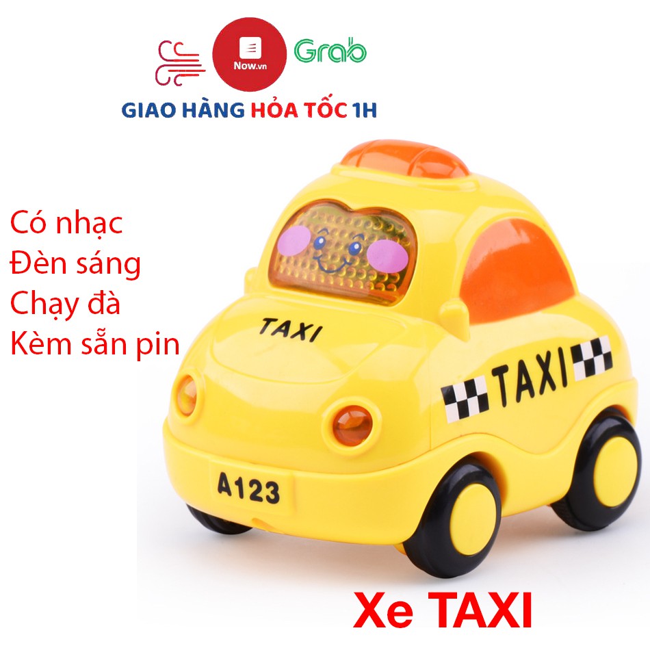 Đồ chơi cho bé xe taxi màu vàng có nhạc và đèn chạy đà kèm sẵn pin