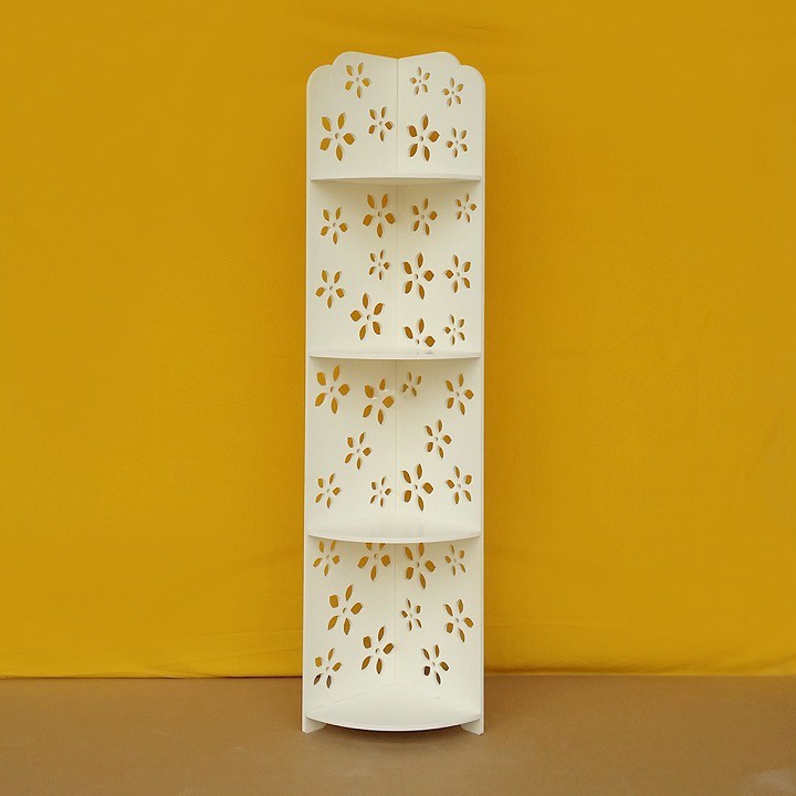 Kệ góc 4 tầng bằng gỗ màu trắng họa tiết hoa đơn tinh tế, trang nhã tiện dụng