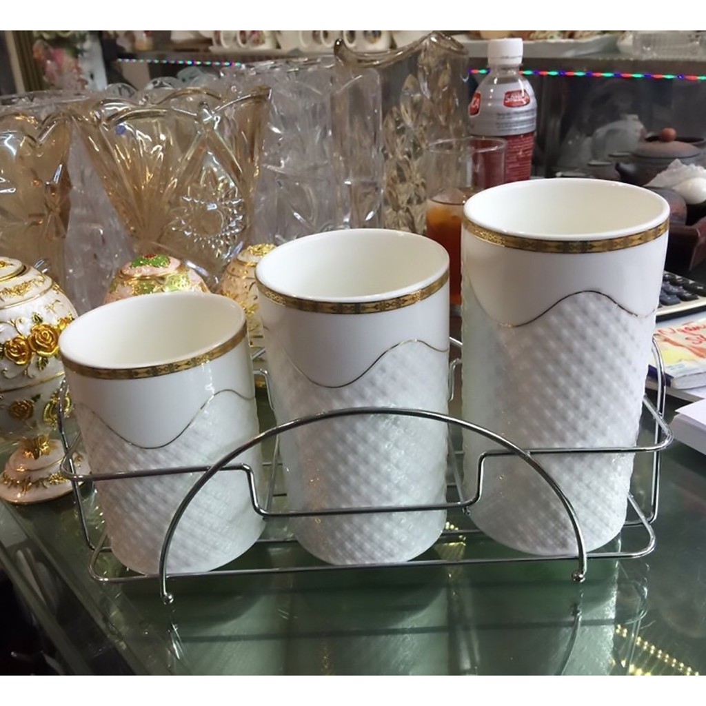 Bộ 3 ống cắm đũa sứ trắng Vintage (kèm giá inox)