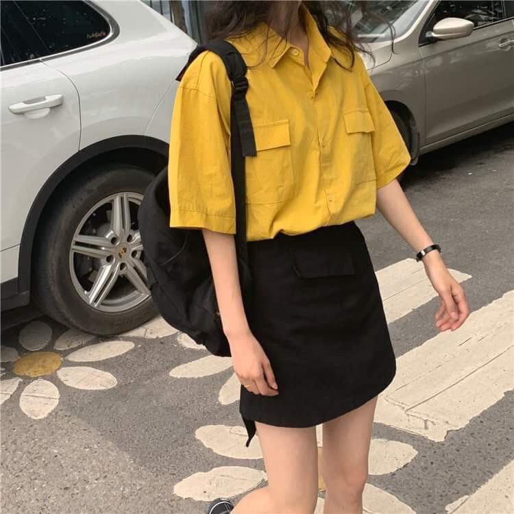 ÁO SƠ MI CAM - SƠ MI TRẮNG TAY LỠ TÚI HỘP HOT - (Sp sẵn)