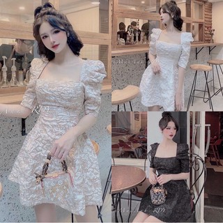 Đầm xoè cổ vuông tay phồng chất gấm xốp cao cấp (Ảnh thật shop chụp)
