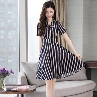 [niceshop1] Đầm công sở sọc cổ sơ mi thắt dây nơ
