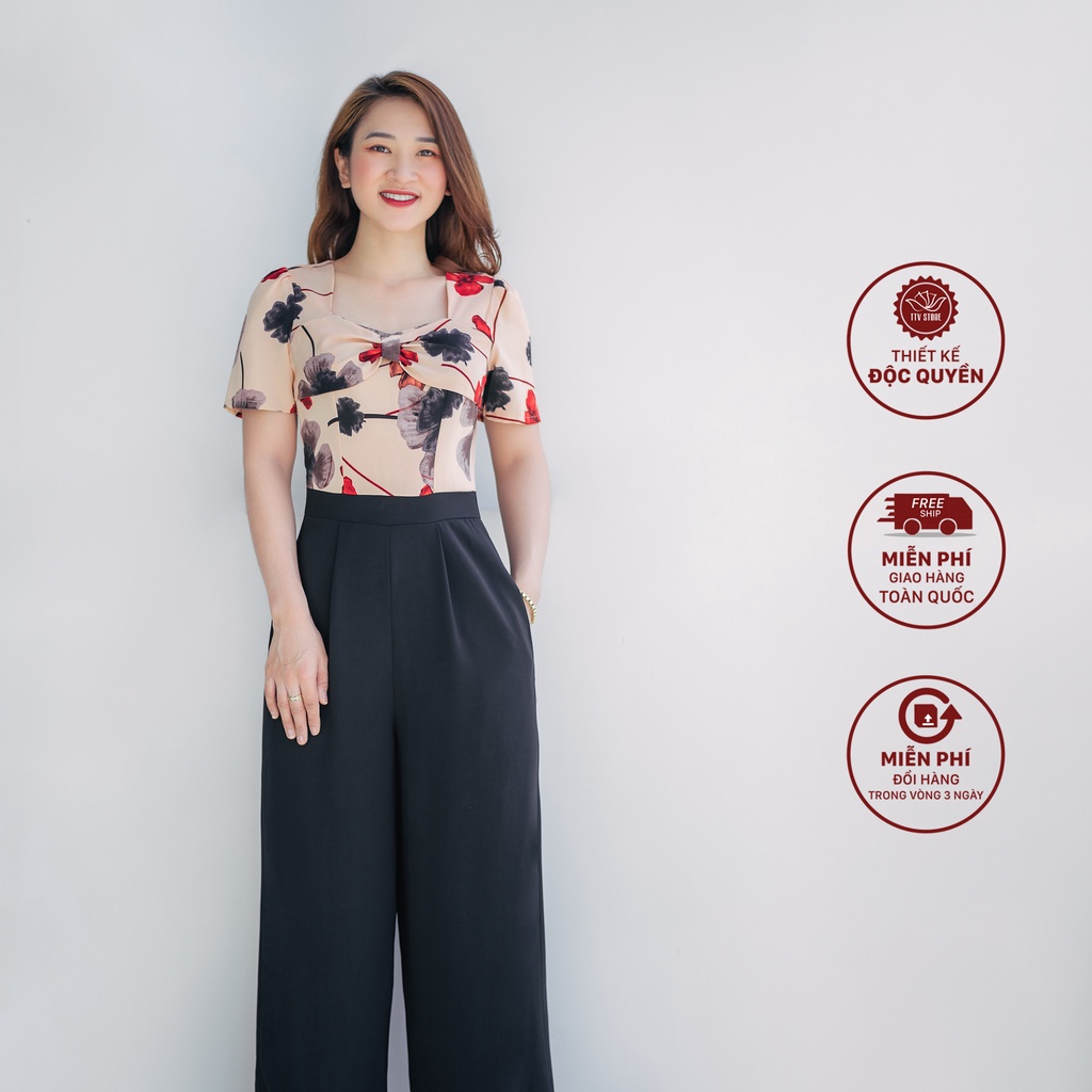 Jump trung niên dài thiết kế cổ vuông phối nơ màu Kem hoa TTV962