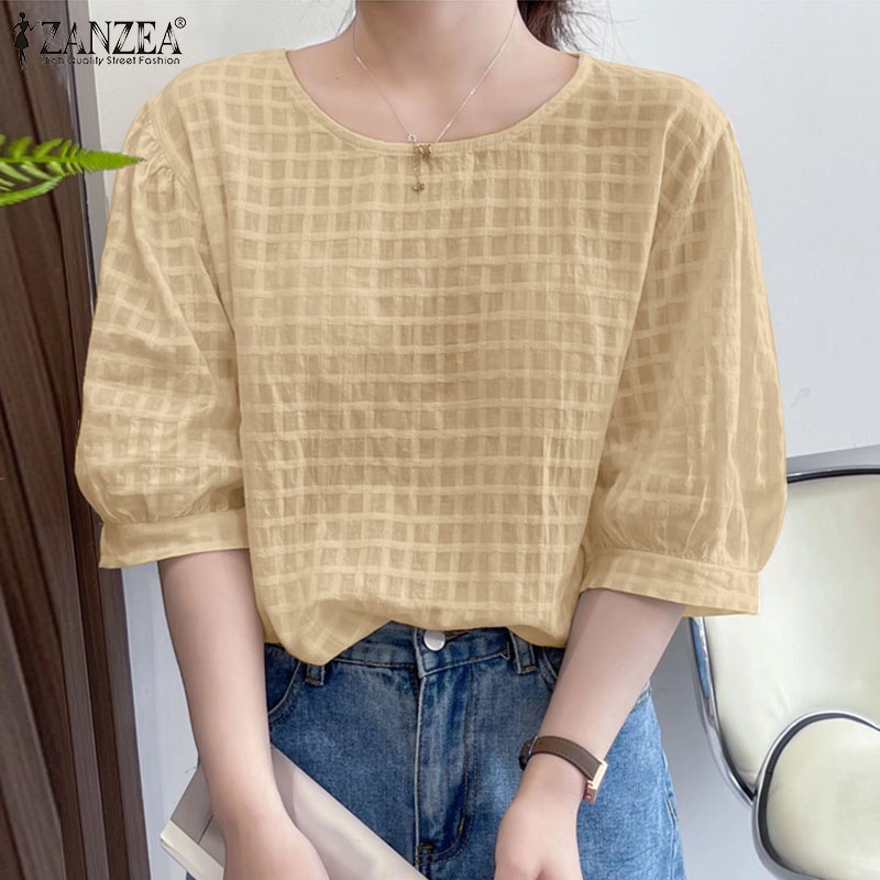 Zanzea Áo Tay Phồng Cổ Tròn Họa Tiết Kẻ Sọc Dáng Rộng Thời Trang Dành Cho Nữ