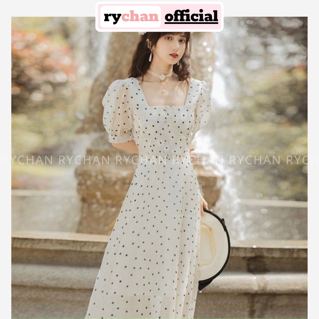 Đầm Nữ Dự Tiệc Cổ Vuông Họa Tiết Chấm Bi Đen Tay Ngắn Phồng Bo Eo Cổ U Dáng Dài Cực Đẹp - DX9949