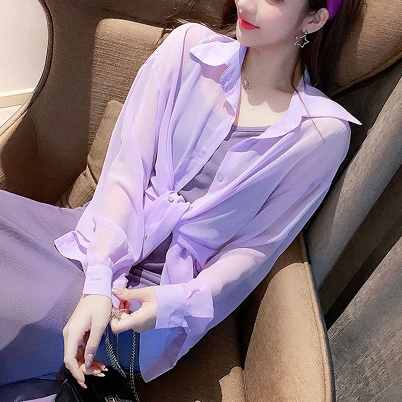 Áo Sơ Mi Khoác Ngoài Tay Dài Dáng Rộng Vải Voan Mỏng Màu Tím Thời Trang Mùa Hè Hàng Mới Dành Cho Bạn Nữ
