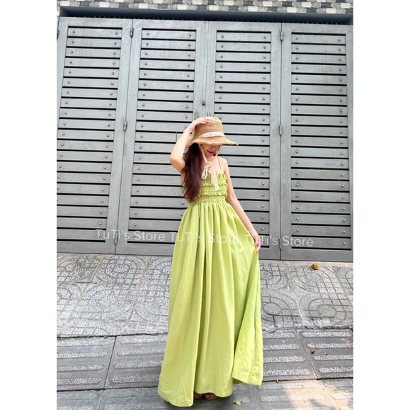 Đầm maxi nhún ngực DOLLY DRESS xanh cốm | BigBuy360 - bigbuy360.vn