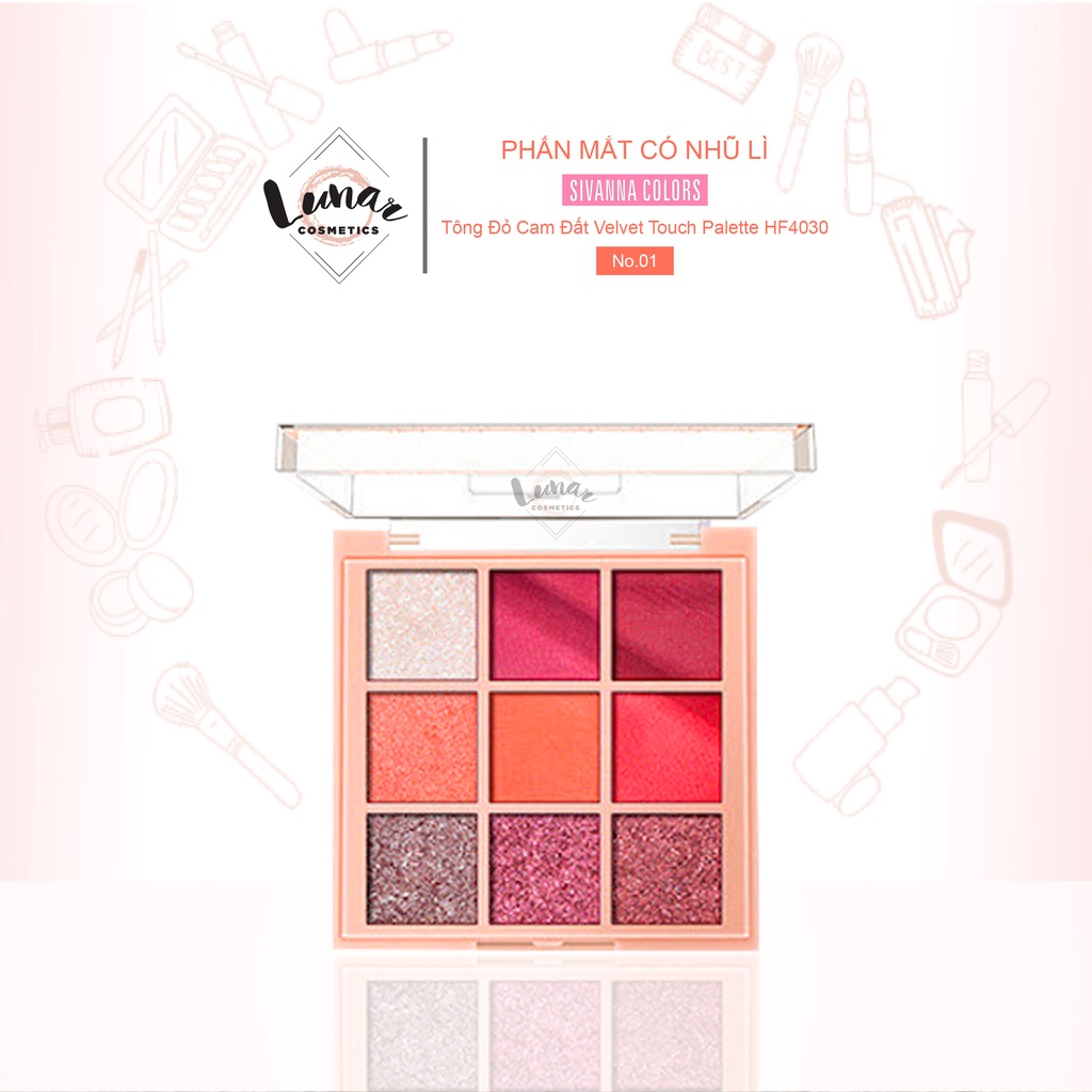 Phấn Mắt Có Nhũ Lì Tông Đỏ Cam Đất Sivanna Velvet Touch Palette HF4030 No.01