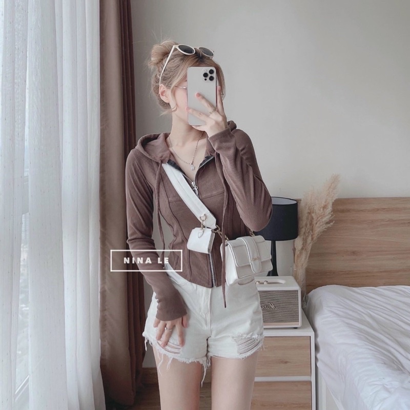 Áo thun nữ kiểu phối khoá kéo nón tay dài chất vải thun gân len 4 chiều FreeSize feedback - Bảo An Shop hot top