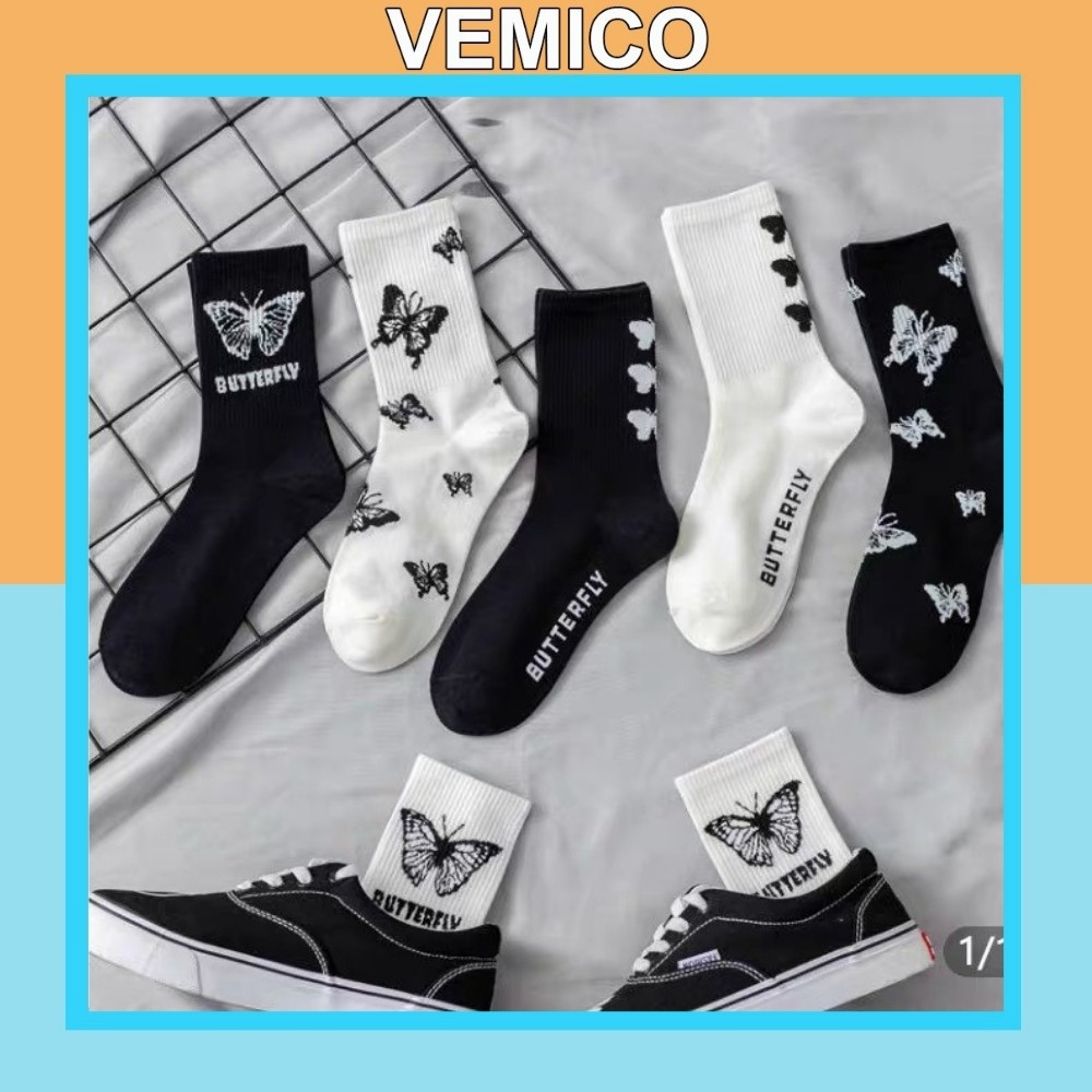 Vớ cao cổ Vemico unisex màu đen trắng hoạ tiết butterfly TN38