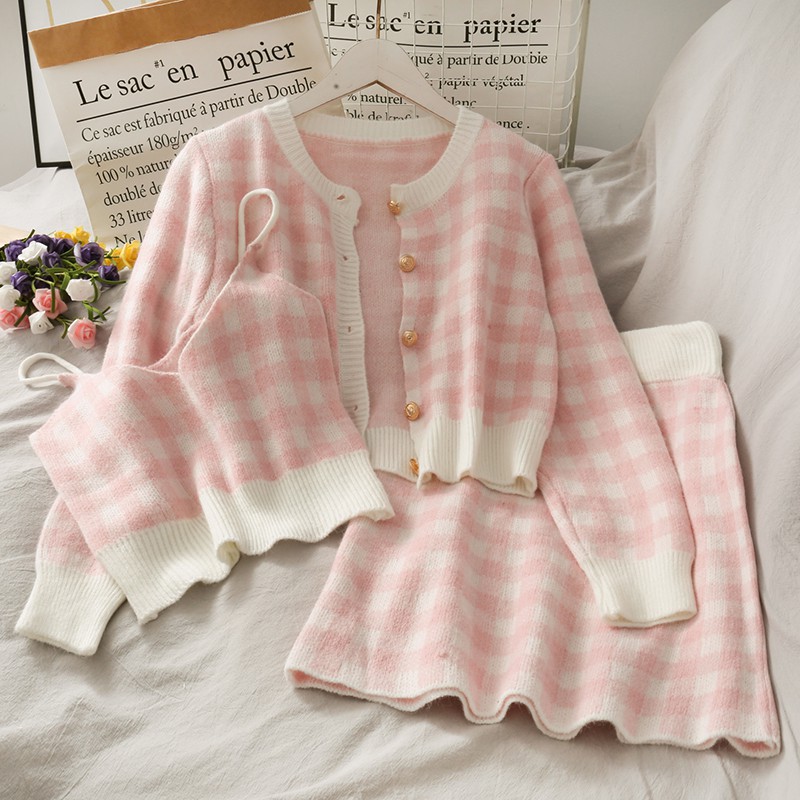 [Hàng order] Set váy áo len kẻ dễ thương áo khoác cardigan chân váy và áo bra len Đ253