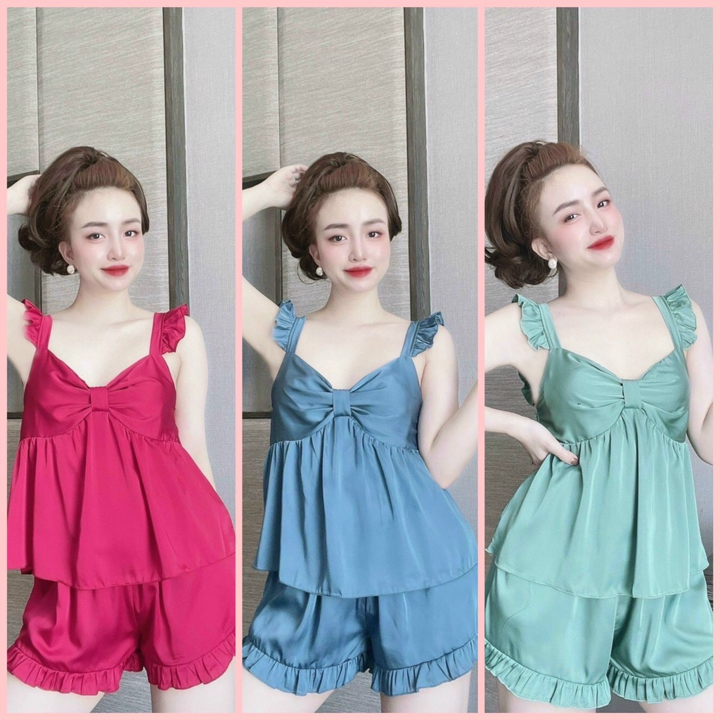 🌴DỄ THƯƠNG🌴Set đồ ngủ nhún nơ tay cánh tiên quần đùi 🌴 đồ bộ lụa satin cao cấp mặc nhà freesize 58kg