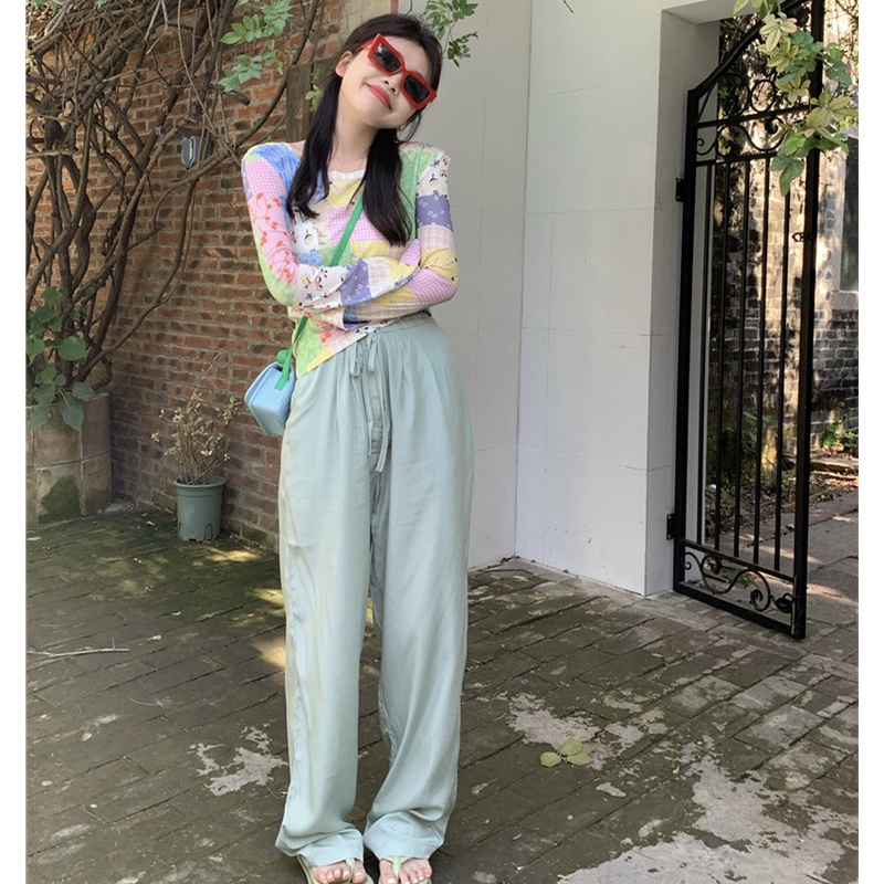 Áo Thun Tay Dài Dáng Rộng In Họa Tiết Phối Màu Thời Trang Mùa Hè Xinh Xắn Cho Nữ