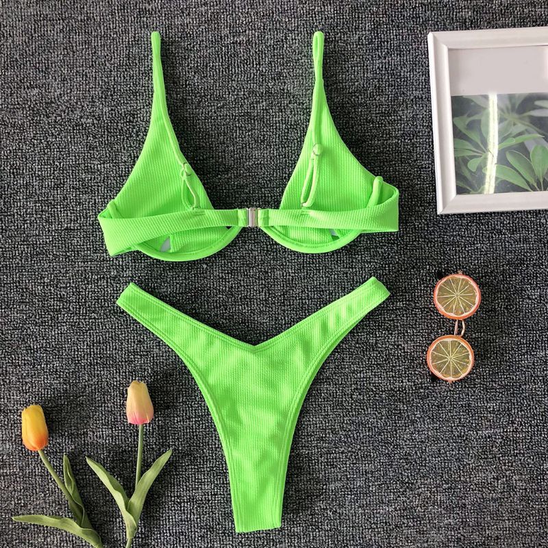Bộ bikini bơi hai mảnh cổ chữ V nâng ngực cúp tam giác màu trơn neon tươi sáng gân sọc phong cách Brazil quyến rũ cho nữ