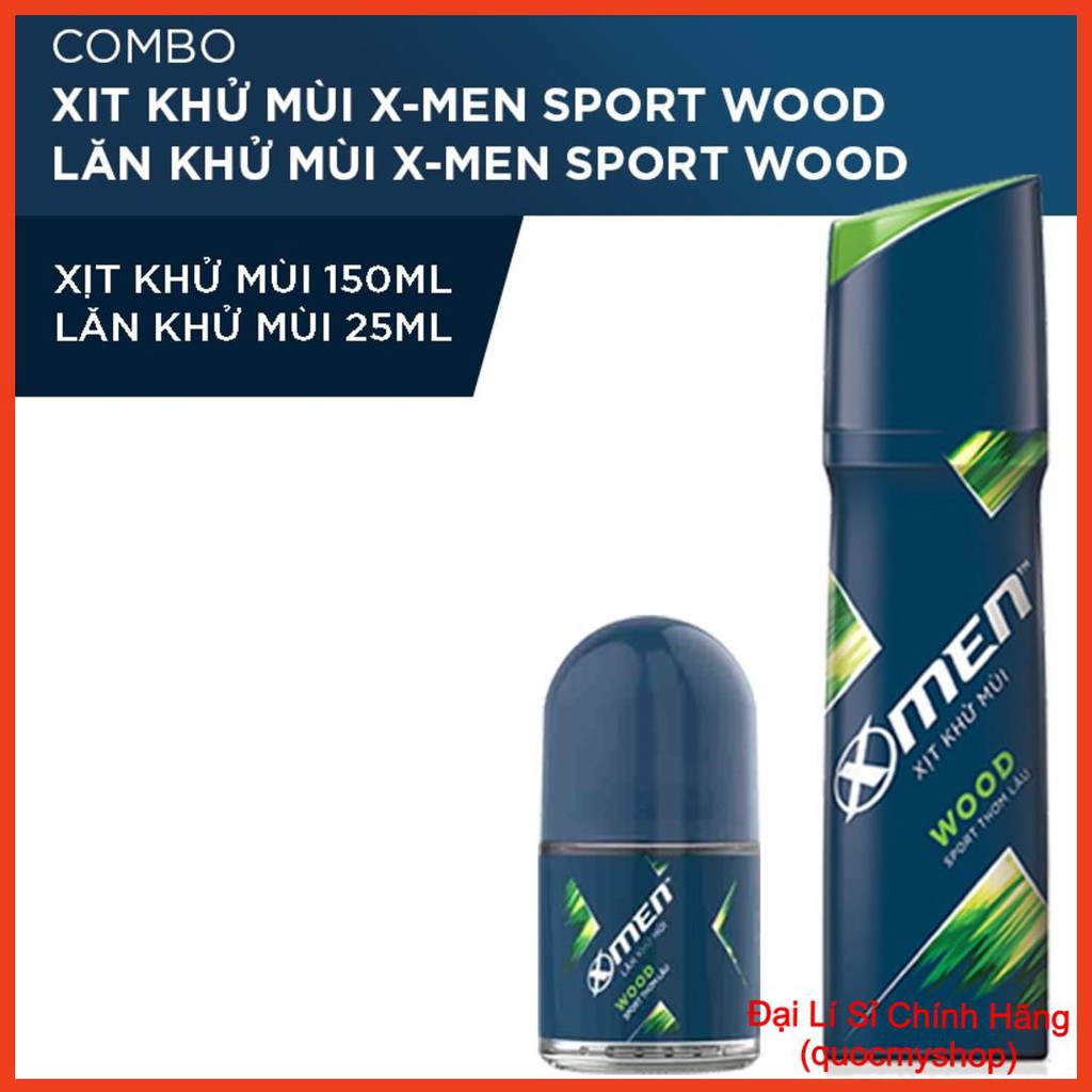 X Men -   Combo Xịt Khử Mùi X-Men Sport Wood - Hương Thơm Lâu 150 ml + Lăn khử mùi 25 ml Đại Lí Sỉ