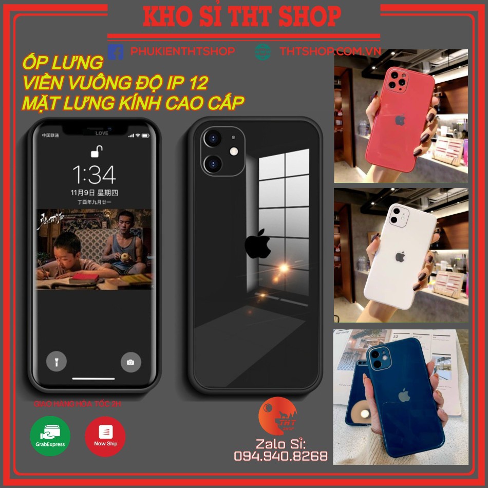 Ốp lưng mặt kính cường lực giả viền vuông Ip12 cho Ip 6plus/6s plus/7plus/8plus/x/xs/xs max/11/11 pro/11 promax/12