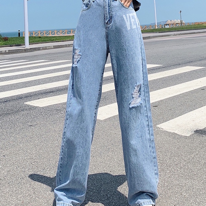 Quần Jeans Nữ Lưng Cao Ống Rộng Rách Gối Thời Trang Hàn Quốc