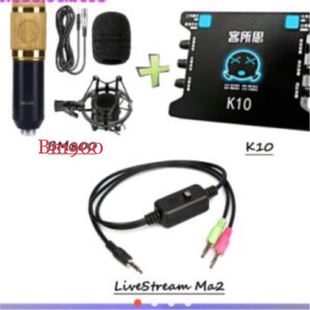 Combo bộ thu âm k10+BM900( chọn mầu)+ma2 tặng tai nghe akg