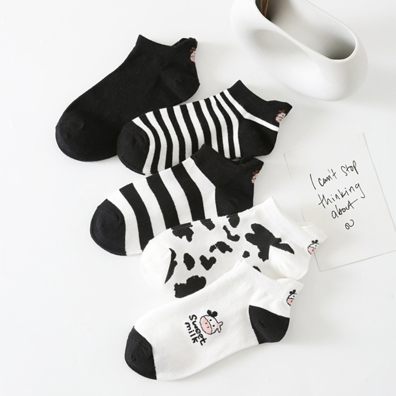 Set 5 Cặp Vớ Cotton Cổ Thấp In Họa Tiết Bò Sữa Hoạt Hình Thời Trang Mùa Hè Cho Nữ