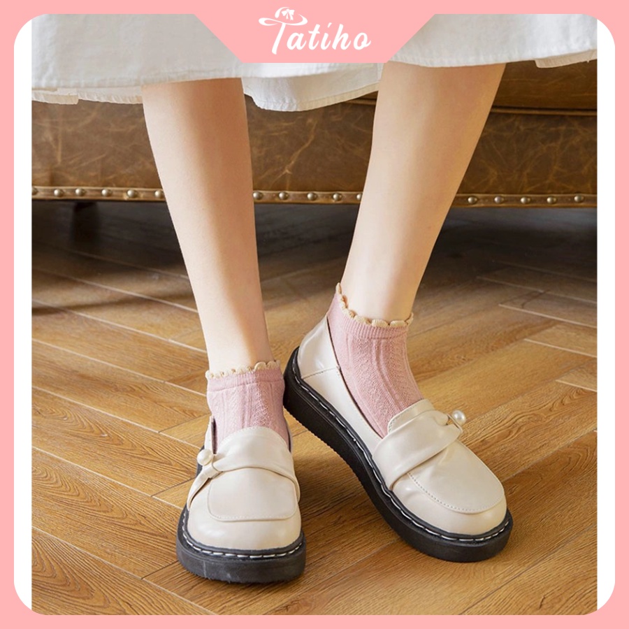 Vớ Tất Nữ Unisex Ren Cổ Thấp Chất Cotton Dày Dặn Họa Tiết Trơn Phối Cổ Nhúng Bèo Phong Cách Basic Thời Trang - Mã TV008