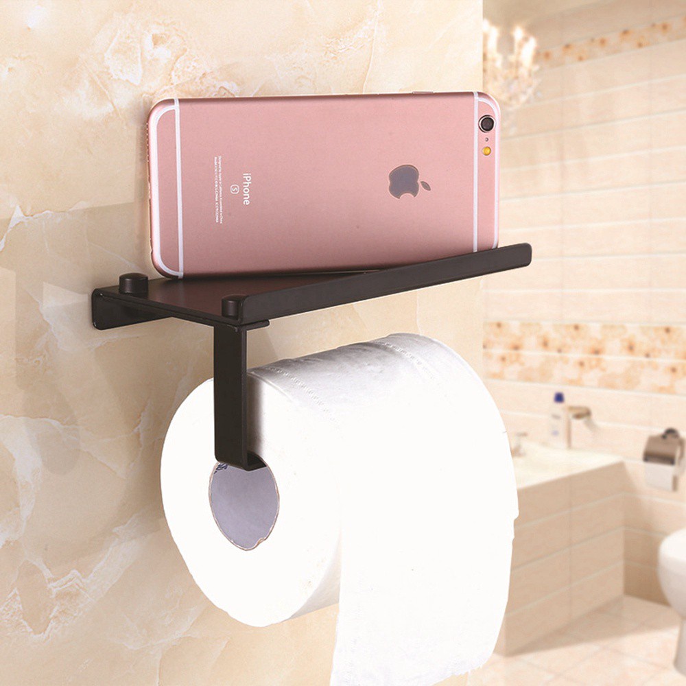 Giá treo cuộn khăn giấy gắn tường bằng nhôm màu đen tiện dụng cho phòng tắm/ nhà vệ sinh có thể đặt điện thoại di động