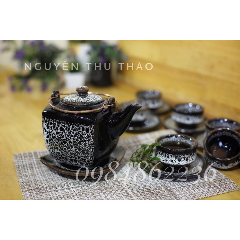 Bộ ấm chén men hoả biến dáng ấm vuông Bát Tràng - Bộ trà cao cấp