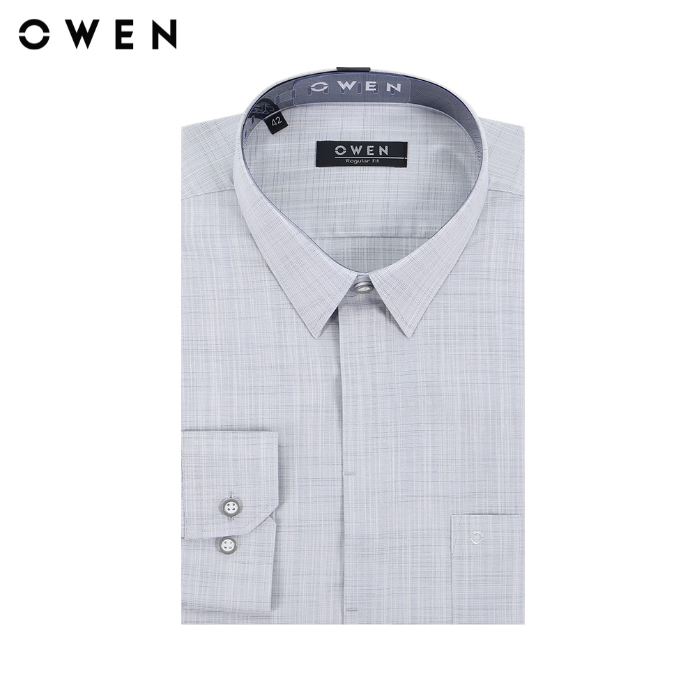 Áo sơ mi nam dài tay OWEN AR220021DT somi công sở vải sợi tre cao cấp màu xanh ghi sớ ngang dáng suông tà lượn có túi